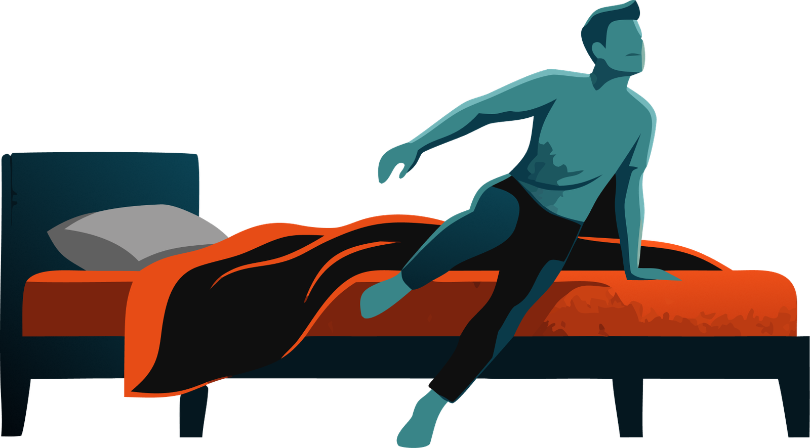 Illustration : une silhouette se lève d'un lit aux draps orange